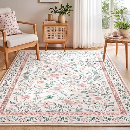 SHACOS Pink Floral Area Rugs 5x7 Nursery Rug, Machine Washable Boho Rugs for Bedroom, Non Slip Soft Floral Low-Pile Carpet for Living Room Kids Room Dining Room Entryway Indoor