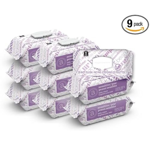 Amazon Elements Baby Wipes, Sensitive, Unscented, Cleans Gently, 810 Count, Flip-Top Packs, Pack of 9