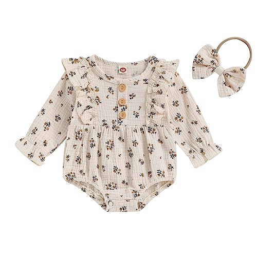 Lucikamy Infant Baby Girl Fall Clothes Long Sleeve Floral Print Ruffle Romper One Piece with Headband Newborn Winter Outfits