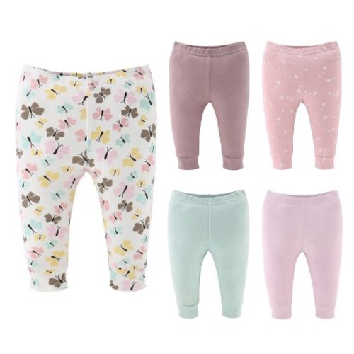 The Peanutshell Butterfly Kisses Baby Girl Pants, 5-Pack Set, Multicolored, 0-3 Months