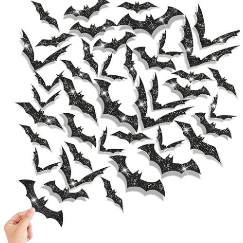 FOIMAS 144pcs Halloween Bat Wall Decor,3D Black Glitter Bats Wall Stickers Decal for Halloween Home Decoration Party Supply