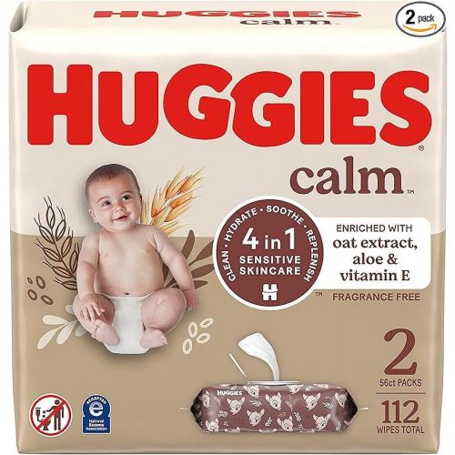 ALL SIZES PLEASE - Huggies Calm Baby Diaper Wipes, Unscented, Hypoallergenic, 2 Push Button Packs (112 Wipes Total)