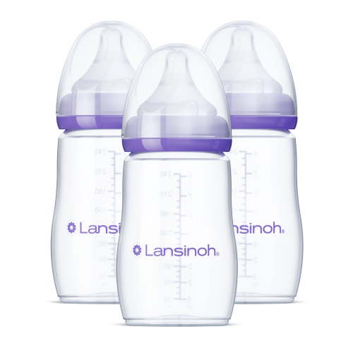 Lansinoh Anti-Colic Baby Bottles for Breastfeeding Babies, 8 fl oz, 3 Medium Flow Nipples HSA/FSA Eligible