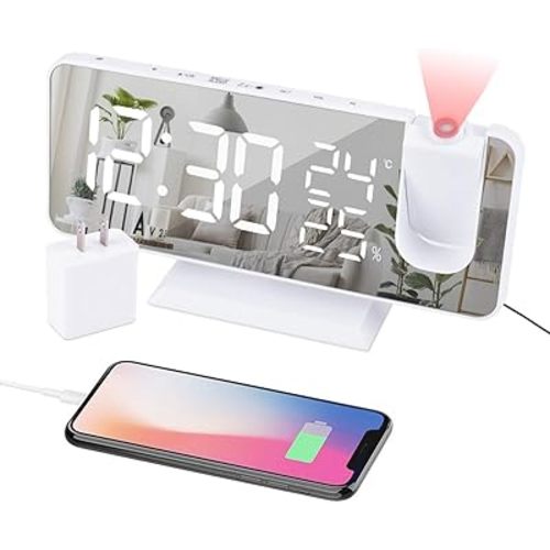 Projection Alarm Clock for Bedroom Ceiling Digital Clock Radio with USB Charger Ports, 7.3" Large LED Screen, 4 Dimmer, Dual Alarm Clock with 2 Sounds, Snooze, White