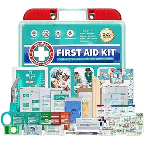 SuccorWare 225 Pieces First Aid Kit, Includes Ice Pack, Adhesive Bandages, Wound Gauze Pads, Portable First Aid Bag for Home, Car, Business, Travel, Outdoor Emergency Medical Kits