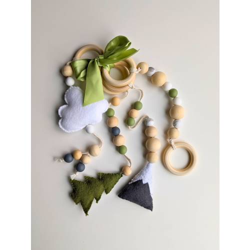 Mountain Play Gym Toys/Baby Stroller Toys in Green, Grey, and White Forest Theme/BPA, Glue, and Chemical Free!