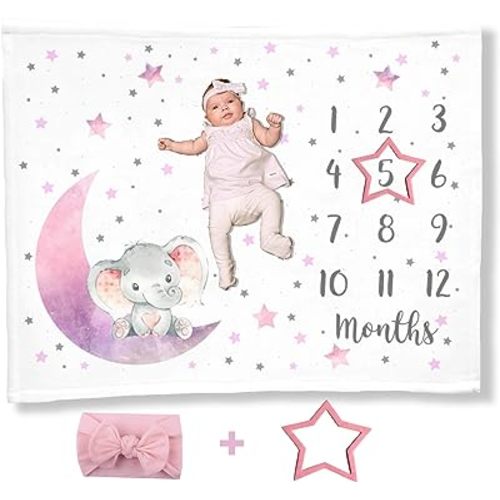 Elephant Moon Baby Milestone Blanket with Headband, First Year Calendar Monthly Growth Chart, Newborn Photo Prop Mat, Baby Girl Shower Gift, Stars Nursery (Pink, Minky 50x40)