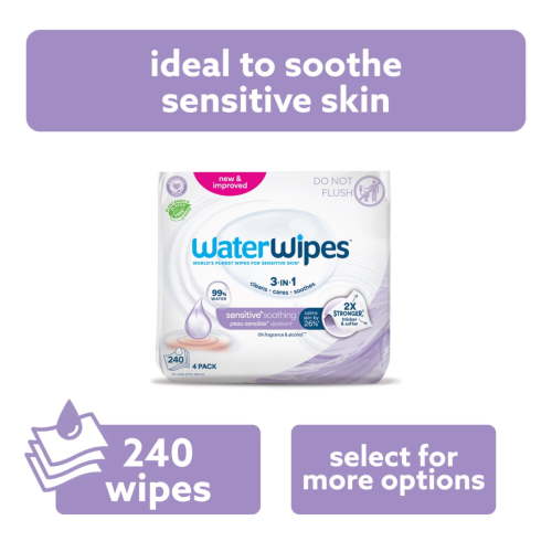 WaterWipes Sensitive+ Soothing Wipes, 3-In-1 Cleans, Cares, Soothes, 99% Water with Botanical Extract, Unscented & Hypoallergenic Baby Wipes, 4 Packs (240 Wipes)