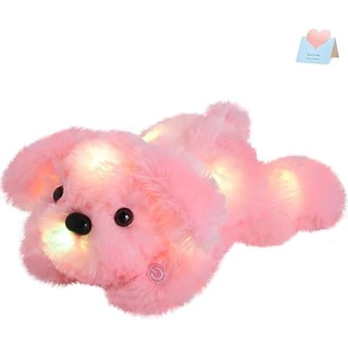 WEWILL 10'' Light up Pink Puppy Dog LED Stuffed Animal with Colorful Night Light Glow Soft Plush Toy Gifts for Kids on Christmas Birthday