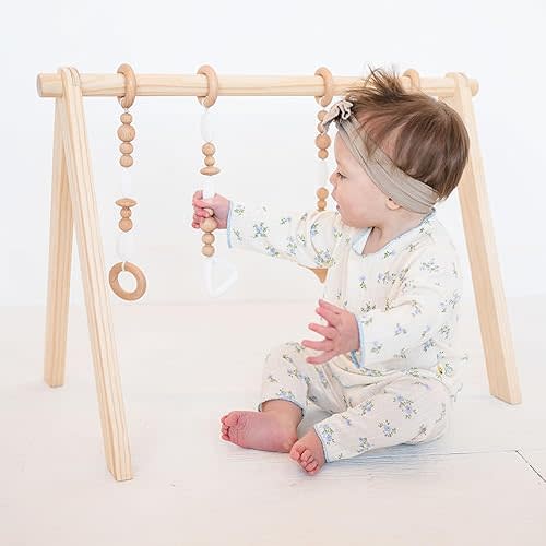 Poppyseed Play Wooden Baby Play Gym | Montessori-Inspired Activity Center with 4 Hanging Toys | Natural Wood & Silicone | Ideal for Tummy Time, Sensory Play & Motor Skill Growth | 0-12 Months