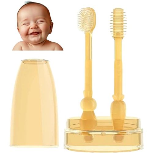 Baby Tooth Brush, Infant Toothbrush 6 to 12 Months and0-6 Months,Silicone Toothbrush, Newborn Tongue and Mouth Cleaner Set, Good Idea for Baby First Toothbrush(Amber)