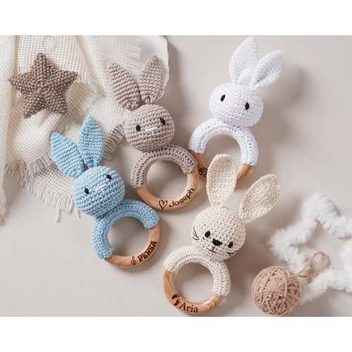 Personalized Rattle Bunny for Easter Gift,Name Engraving Baby Gift,Wooden Rattle Ring Gift for Her, Newborn Gift,Gift for Nephew Niece