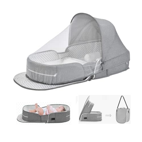 Baby Travel Bassinet Portable Bassinets, Foldable Carry Bag Bassinet Travel Crib, Lightweight Baby Lounger Pod Infant Bed with 2-1 Mosquito & Canopy (Grey)