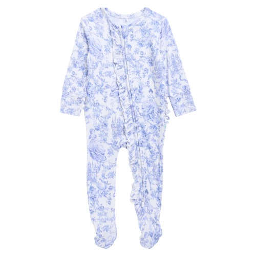 Floral Toile Print Ruffle Zip Footie, 0-3M
