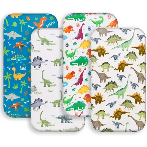 4 Pack Baby Boy Bassinet Sheets Set Soft Fitted Baby Boy Mattress Covers Construction Truck or Dinosaur Theme Breathable Toddler Sheets for Infant Boys (Dinosaur, Bassinet Sheets)