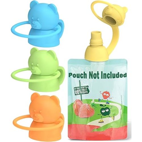 Soft Sip Food Pouch Top - BPA Free Pouch Tops for Baby Prevent Spills, Led Weaning, Self Feeding, Protects Childs Mouth, 100% Food Grade Silicone Food Pouch Lids - 4 CT