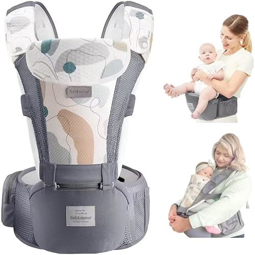 Bebamour Baby Carrier Newborn to Toddler-2 in 1 Hip Seat & Carrier Front and Back Carry with Head Hood & 3 Pieces Teething Pads& Waist Extenders & Storage Bag 0-36 Months (Grey)