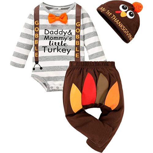 SEVEN YOUNG Thanksgiving /Christmas Outfits Infant Baby Boys Xmas Stripe Rompers+Turkey /Deer Pant Set Bodysuit Fall Clothes - 0-3 Months - Daddy&mommy's Little Turkey