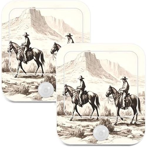 American Wild West Desert with Cowboys Night Light Plug into Wall 2 Pack Plug-in LED Nightlights with Dusk to Dawn Sensor White Light Perfect for Bathroom Kitchen Hallway and Stairs