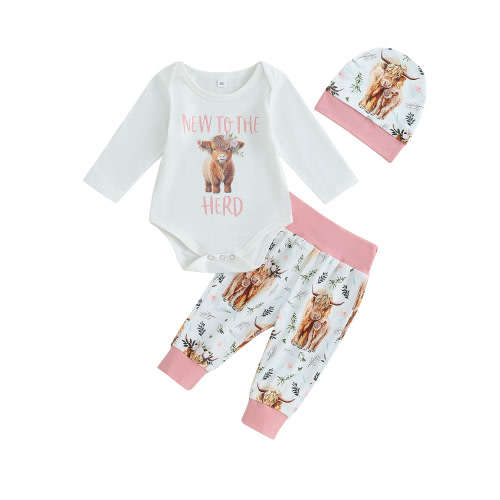 GuliriFei 0-18M Newborn Baby Girls Fall Outfits Bodysuit Highland Cow Jogger Pants Hats Western Coming Home Cute 3Pcs Clothes Set