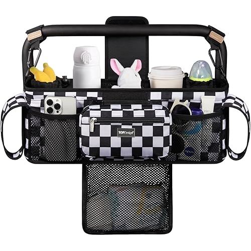 TOPDesign Universal Baby Stroller Organizer, Double Stroller Caddy with Detachable Mesh Bag & Heightened Insulated Cup Holders & Non-Slip Secure Hooks Accessories, Fits Most Strollers (Checkerboard)