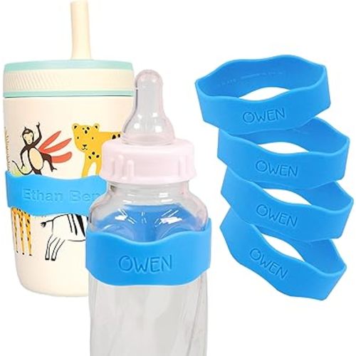 InchBug Orbit Labels Baby Bottle and Water Bottle Silicone Name Bands – Personalized Reusable Label Set for Daycare, Sippy Cups, Preschool, Elementary School, Dishwasher Safe, 4-Pack (Deep Sky Blue)