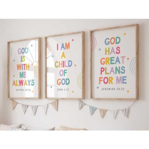 Set of 3 Colorful Children Bible Verse Wall Art Prints Christian Toddler Wall Art Christian Playroom Decor Poster Cute Christian Prints Sign