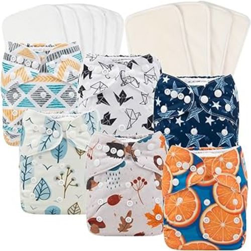 Babygoal Baby Reusable Neutral Cloth Diapers 6 Pack with 10pcs Inserts, One Size Adjustable Washable Pocket Nappy Covers for Baby Boys and Girls 6FN05