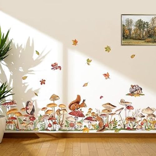 decalmile Mushroom Wall Decals Woodland Squirrel Grass Spring Baseboard Skirting Line Wall Stickers Bedroom Living Room Wall Decor