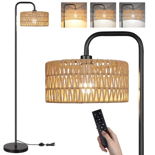 PARTPHONER 68” Farmhouse Remote Control Black Floor Lamp with Natural Cylindrical Woven Shades