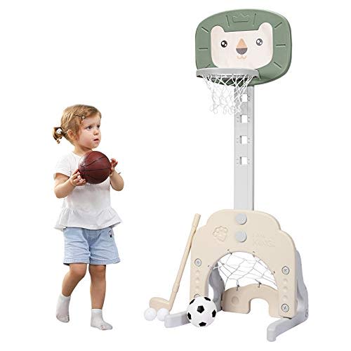 Costzon Kids Basketball Hoop, Toddler Sports Activity Center w/ 5 Adjustable Height Levels, Basketball Soccer Golf Game Set, Indoor Outdoor Basketball Hoop Set Best Gift for Baby Infant Green Lion