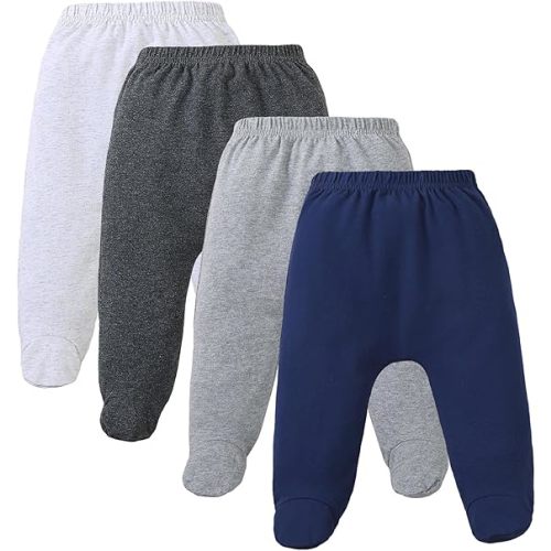 4 Pack Baby Footed Pants: Soft Cotton Spandex Pants with Feet Pull on Bottoms for Infant Unisex Baby Boys Girls