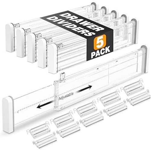 HiYZ Expandable Drawer Dividers with Inserts - Adjustable Drawer Organizers Separators for Kitchen, Bedroom, Dresser, Office, 5 Long Dividers(12.6-22.8 IN) with 10 Inserts(3.9-7.1 IN) - Clear