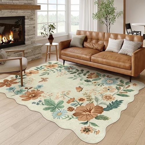 Lahome Floral Living Room Rug, 5x7 Rug for Bedroom Ultra-Thin Soft Dining Room Rug, Non Slip Washable Rug Stain Resistant Boho Rug Low-Pile Throw Rug for ‎Office (5x7ft,Beige)