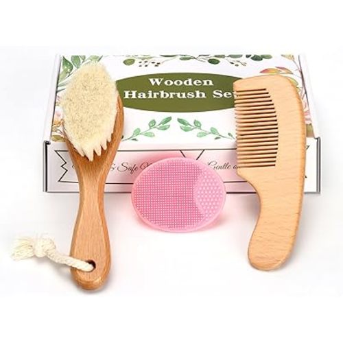 Baby Hair Care Kit, Wooden Natural Goat Bristles Brush Cradle Cap Comb + Pink Baby Shower Scrubber Set for Newborn Toddler Boys Girls Baby Grooming Kit