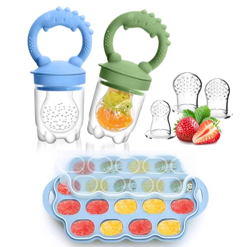 Silicone Baby Fruit Feeder & Breastmilk Popsicle Molds Freezer Tray with Lid, 2 Pack Baby Food Feeder to Teething Relief, Introduce New Foods, Self Feeding, Includes 6 Food Pacifiers (Blue+Green)