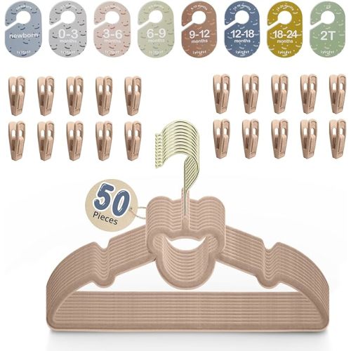 Velvet Baby Hangers with Clips – Organize Baby Clothes by Age with Size Dividers – Save Closet Space for Newborn to Toddler Outfits – Perfect Nursery Must-Have (Dune)