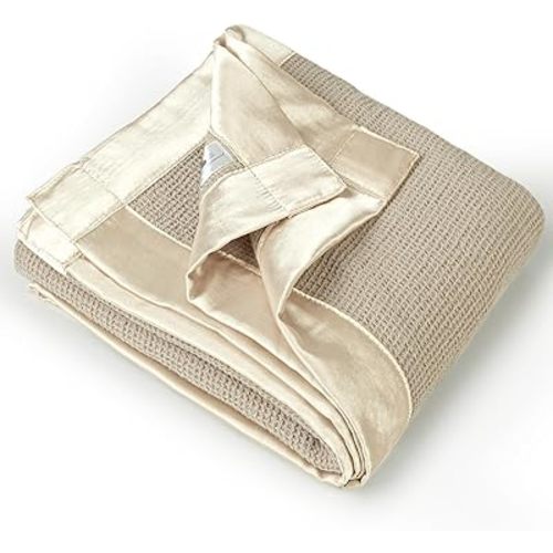 lulumoon Swaddle Baby Blanket: Waffle Blanket with Satin Trim - Soft Breathable Toddler Blankets Perfect for Nursing Cover and Playtime - Cotton Crib Quilt for Daytime Naps 40"x36"(Oat)