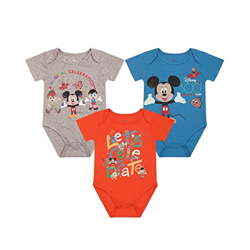 Disney Mickey Mouse Baby Boys 3 Pack Bodysuits for Newborn and Infants – Blue/Orange/Grey