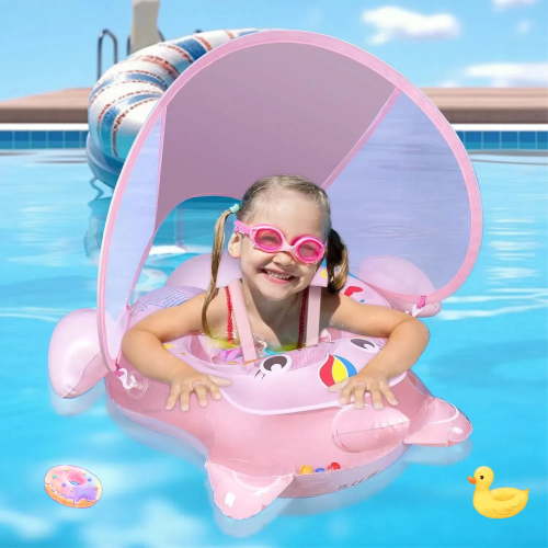 Teblint Baby Swimming Pool Float, Inflatable Baby Pool Toys with UPF 50+ Canopy Safety Seat Anti-Flip Tail, Kids Water Toys Beach Suit Baby Swimming Ring Floating for Toddler Infant