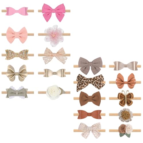 Subesty 10PCS Baby Bows Stretchy Nylon Headbands for Baby Girls, Handmade Natural Newborn Hairbands for Newborns Infants Toddlers