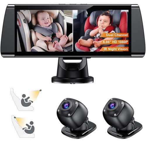 Baby Car Camera for 2 Kids - 7" Split Screen with Dual Carseat Camera - USB Plug and Play Easy Install - Safety Rear Facing Infant Back Seat Monitor with HD 1080P, Night Vision - Black