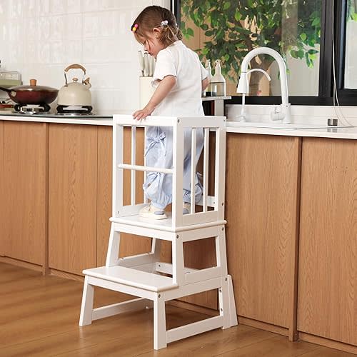 Kids Kitchen Step Stool, Toddler Montessori Learning Standing Tower, Ideal Toddler Kitchen Stool Helper for Bathroom Sink or Counter - 2025 Design with 3 Exclusive Upgrades - White