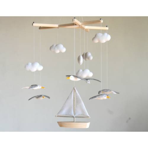 Seagulls Flying Around Sailboat, Coastal Mobile,Seagulls Mobile, Ocean Mobile, Sea Mobile, Nursery Mobile, Boat Mobile, Baby Room Decoration