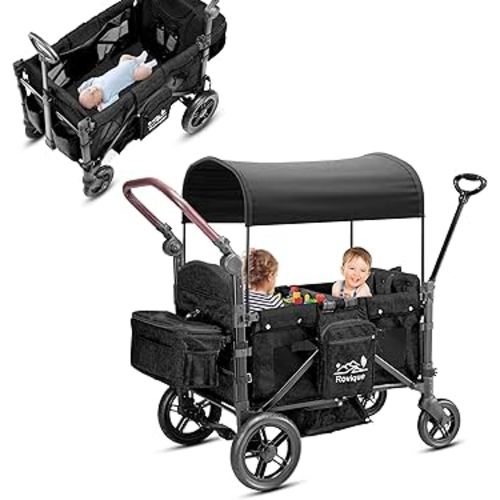 Wagon Stroller for 2 Kids,Premium Wagon for Kids with Removable Canopy, Snack Tray, Convertible Baby Bassinet, 5-Point Safety Harness, All-Terrain PU Wheels&Adjustable Push/Pull Handle (Black)