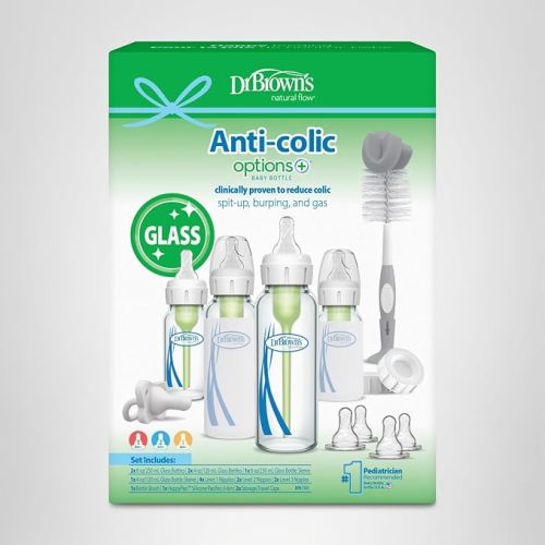 Dr. Brown's Anti-Colic Options+ Narrow Glass Baby Bottle Starter Set with Level 1, 2, and 3 Nipples, Silicone Sleeves, Soft-Touch Brush, Travel Caps, and HappyPaci, 0m+ (Packaging May Vary)