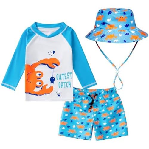Toddlers and Baby Boys' 3-Piece Rashguard Sets Swimsuits Sets with Hat Surfing Swimwear Sunsuit UPF 50+