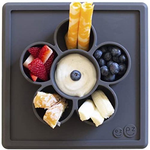 ezpz Mini Play Mat (Slate) - 100% Silicone Suction Flower Plate with Built-in Placemat for Infants + Toddlers - Crafting + Snacks - Divided Plate - Dishwasher Safe