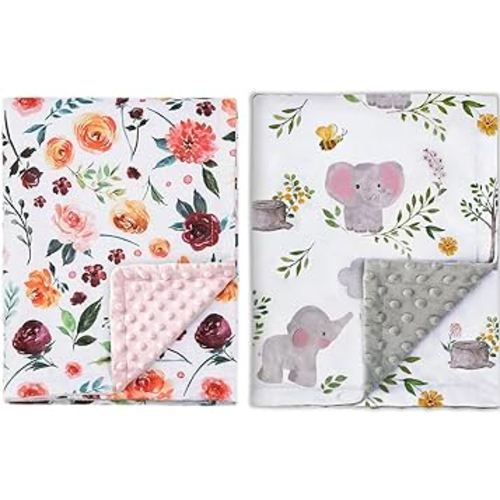 2 Pack Baby Blanket for Girls Super Soft Double Layer Minky with Dotted Backing, Receiving Blanket with Elegant Floral Multicolor Printed Blanket 30 x 40 Inch