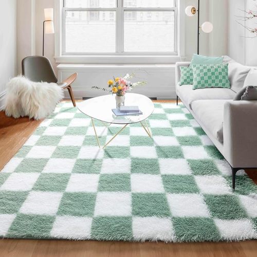 KICMOR Living Room Rugs 5x8 Sage Green and White, Large Fluffy Furry Shaggy Fuzzy Checkered Area Rug Bedroom Big Carpet, Shag Plush Soft Nursery Rug Cozy Room Decor for Teen Toddler Kids Baby Boys - 5x8 Ft - Sage Green / White